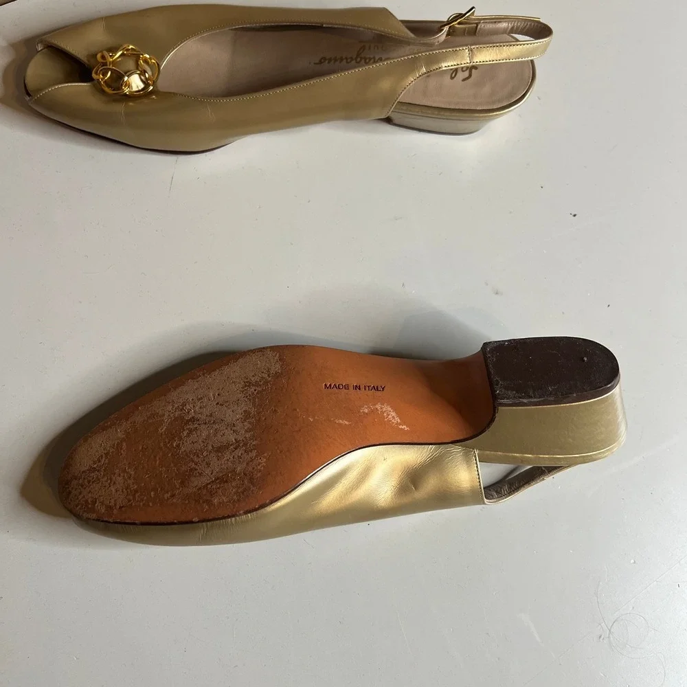 Salvatore Ferragamo Gold Leather Slingback Peep Toe Wedge Sandals Size 8‎ AA